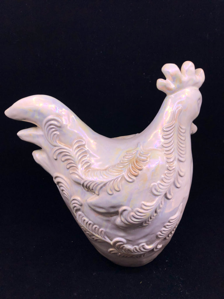 TALL WHITE IRIDESCENT ROOSTER.