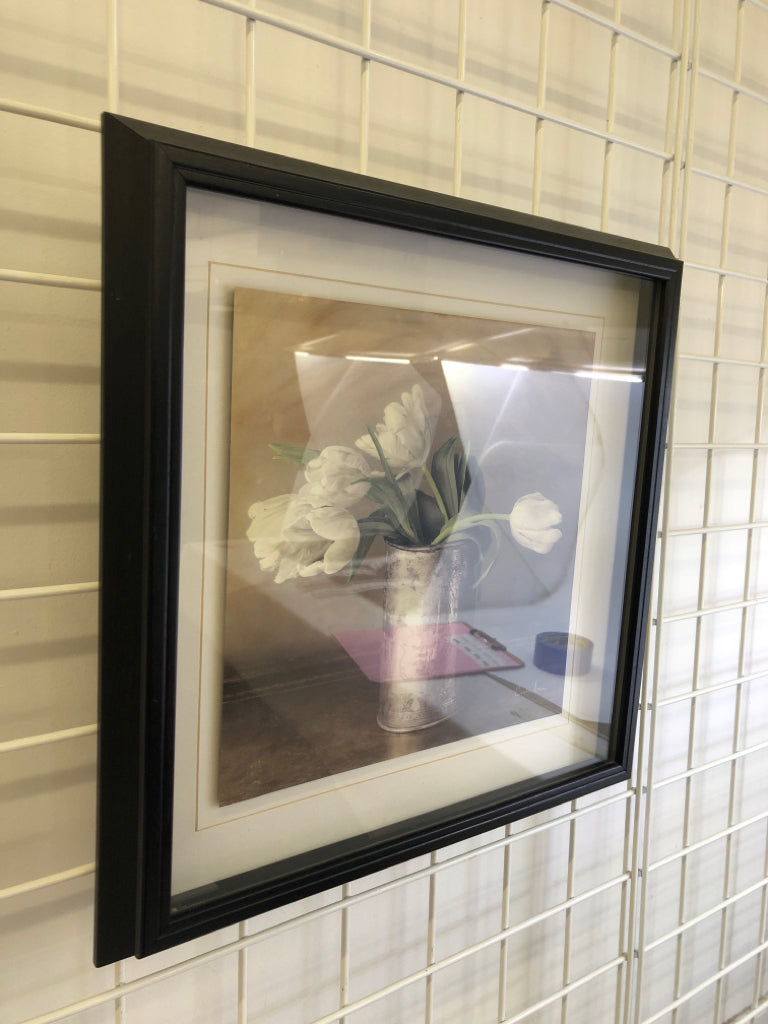 TULIP PAINTING IN BLACK SHADOWBOX FRAME.