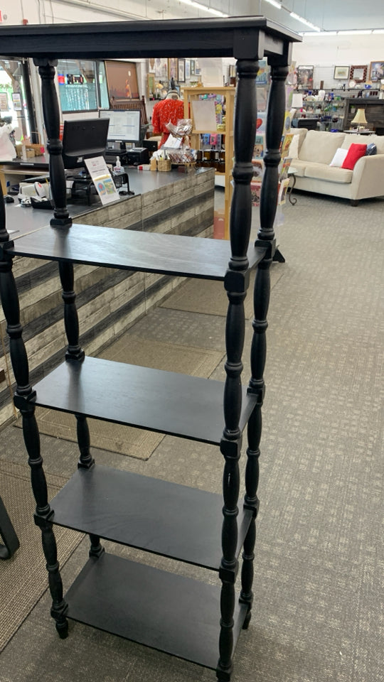 BLACK WOOD SHELF W/SPINDLE LEGS.