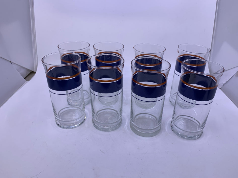 8 VTG NAVY STRIPE GLASS TUMBLERS.
