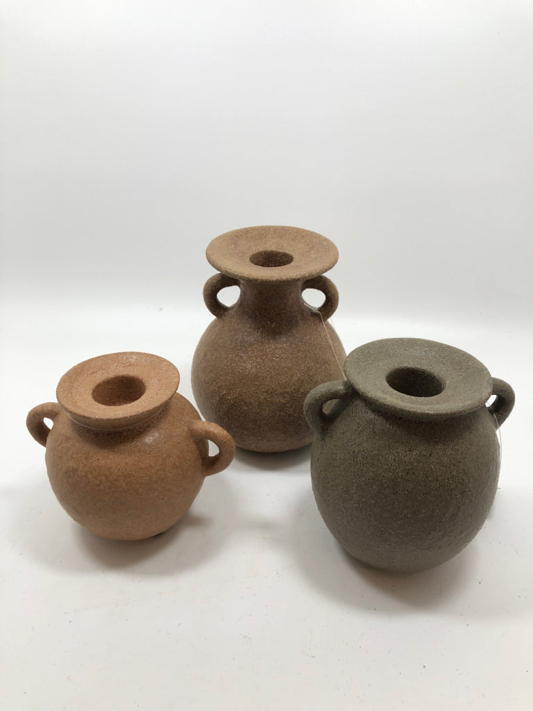 3PC NWT CERAMIC RUSTIC URN-SHAPE CANDLE HOLDERS W/LOOP HANDLES.