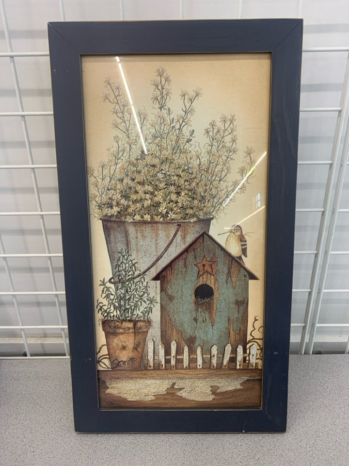 PRIMITIVE BIRDHOUSE PRINT IN BLUE FRAME.