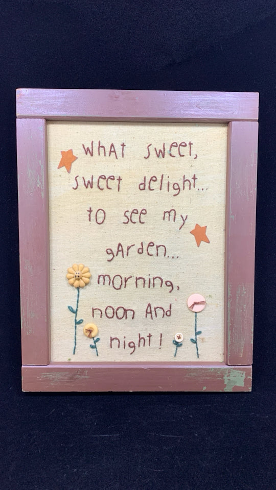 PRIMITIVE "WHAT SWEET SWEET DELIGHT" FABRIC PRINT IN BROWN FRAME.