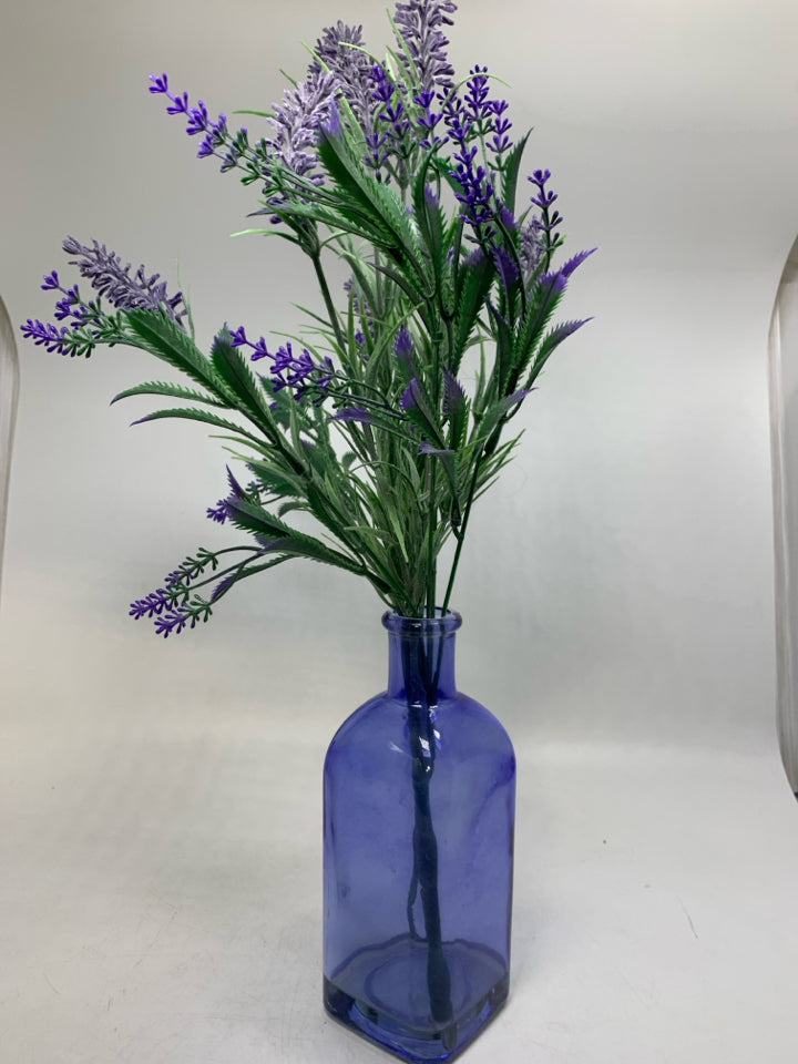 BLUE TINT GLASS VASE W/ FAUX LAVENDER.