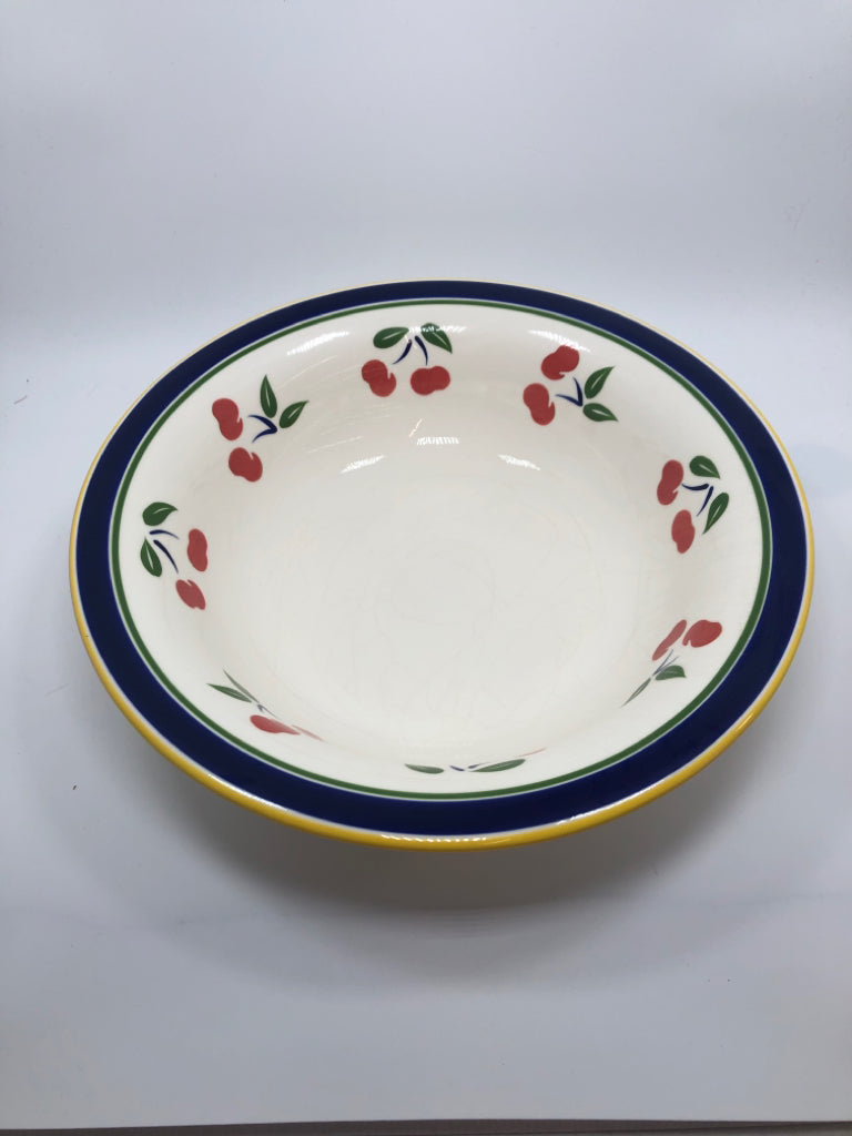 DANSK CHERRIES PAINTED PASTA BOWL W/YELLOW BLUE RIM.