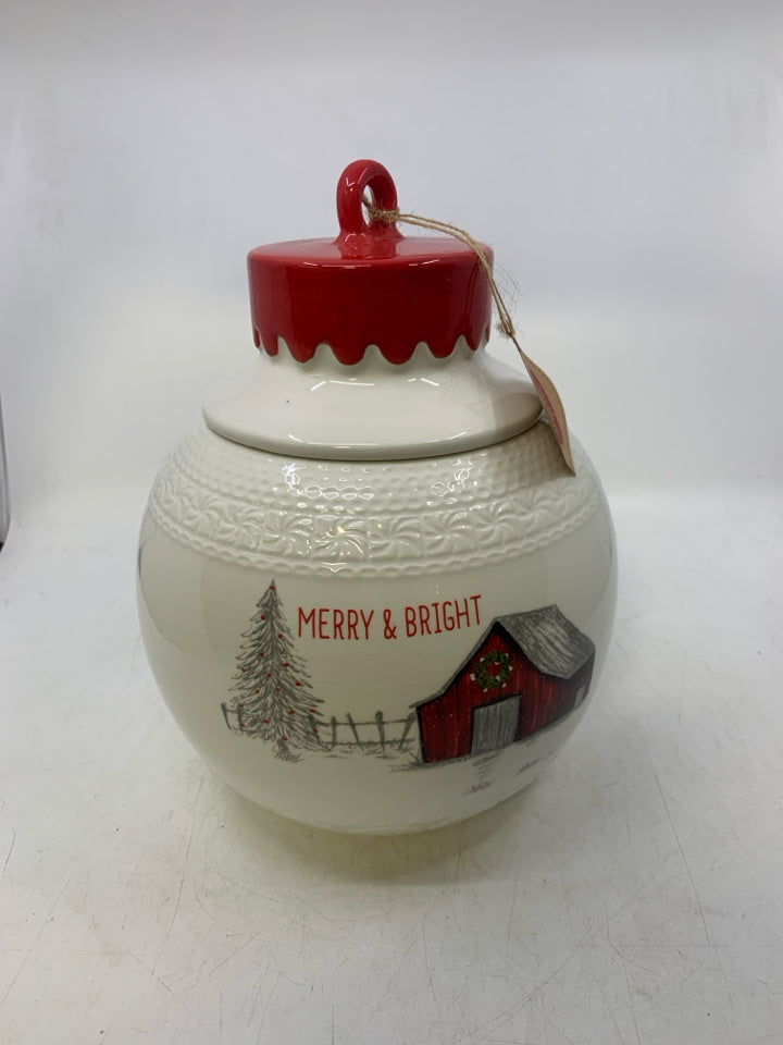 WHITE ORNAMENT SHAPED W/ RED BARN MERRY & BRIGHT.