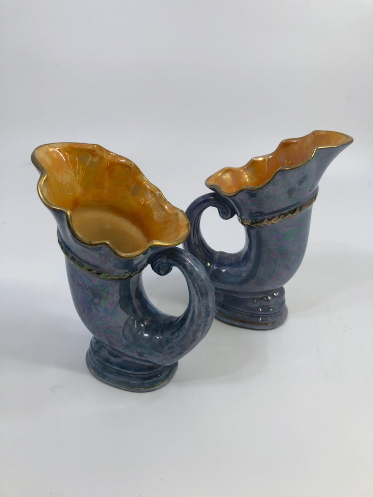 2PC VTG BLUE+ORANGE LUSTERWARE CORNUCOPIA VASE.