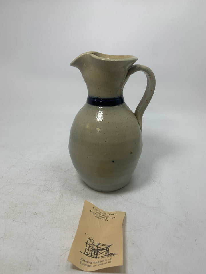 SALT GLAZE PITCHER W/ DARK BLUE DETAILS.