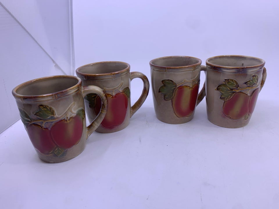 4 TAN CERAMIC EMBOSSED APPLES MUGS.
