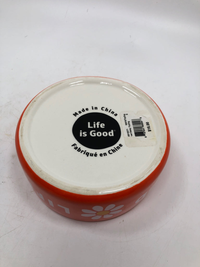 LIFE IS GOOD ORANGE/YELLOW PET FOOD BOWL.