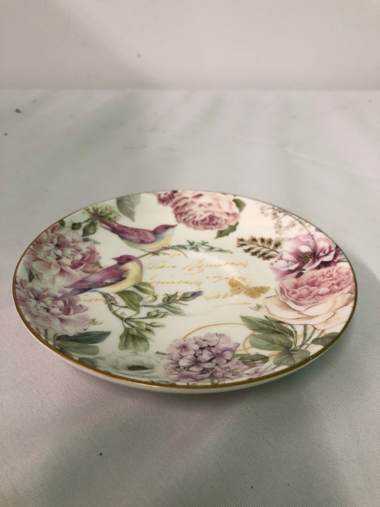 NIB CUP AND SAUCER ROSE W/ PINK BIRD IN GIFT BOX
