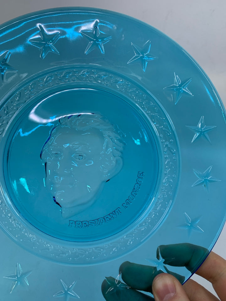 LIGHT BLUE GLASS EMBOSSED PRESIDENT MONROE DECORATIVE PLATE.