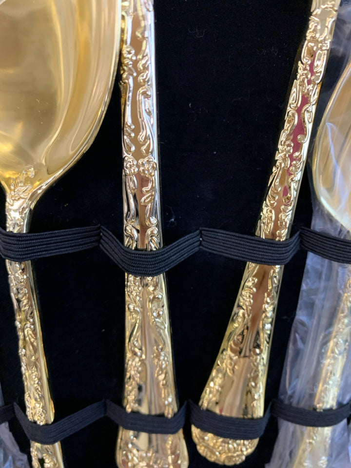 GOLD-PLATED SERV-12 FLATWARE- ROYAL PLUME IN CASE.