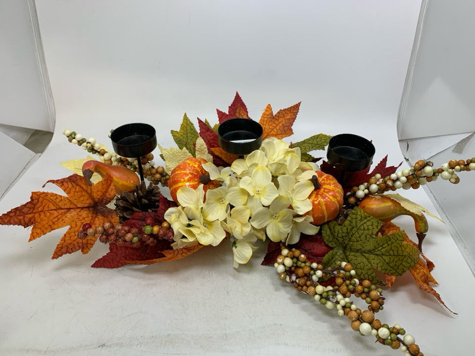 3 METAL TEA LIGHT HOLDERS W/ FALL FAUX FLOWERS/LEAVES CENTERPIECE.
