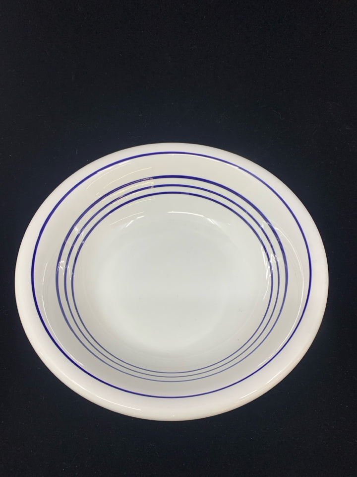 WHITE CERAMIC SERVING BOWL W/BLUE LINES.