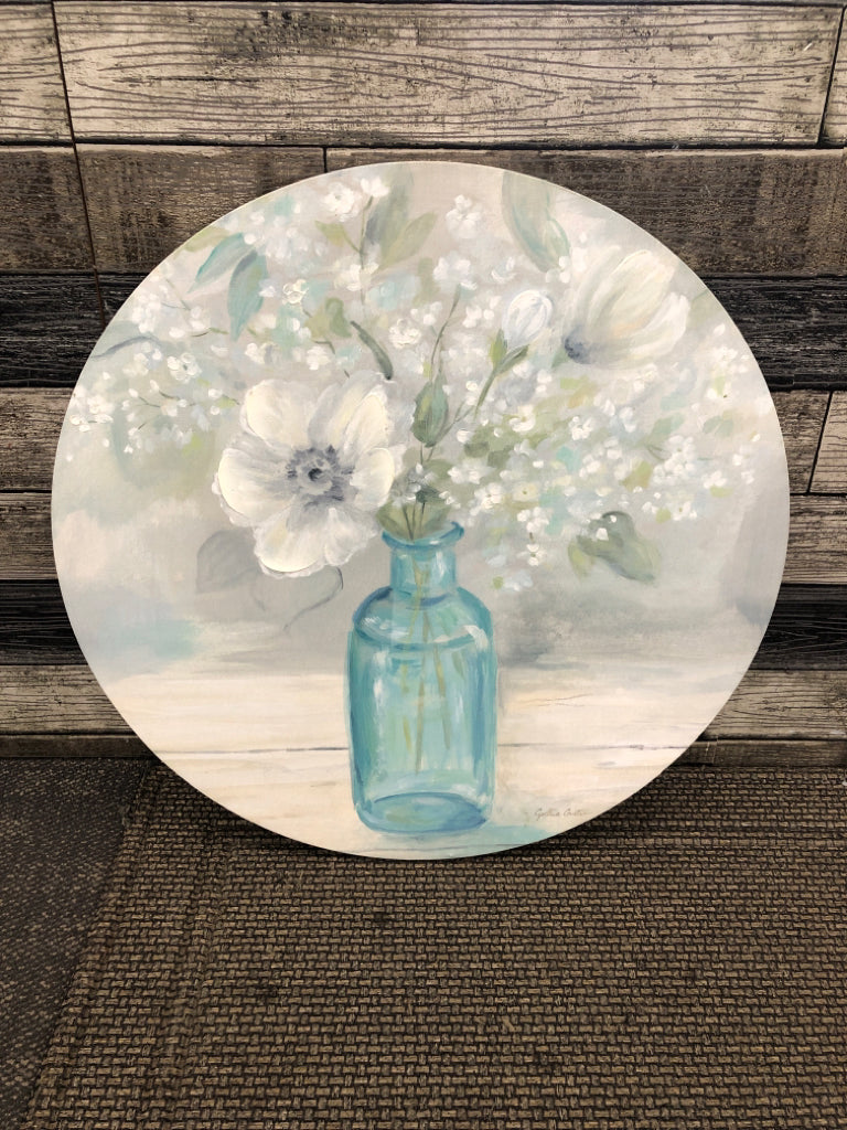WHITE FLOWER BUD VASE PAINTED ROUND CANVAS.