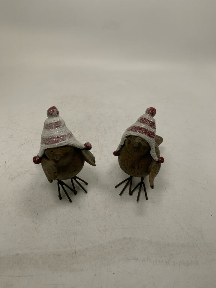 2 BROWN RESIN CHICKADEES W/ STRIPED GLITTER HATS.