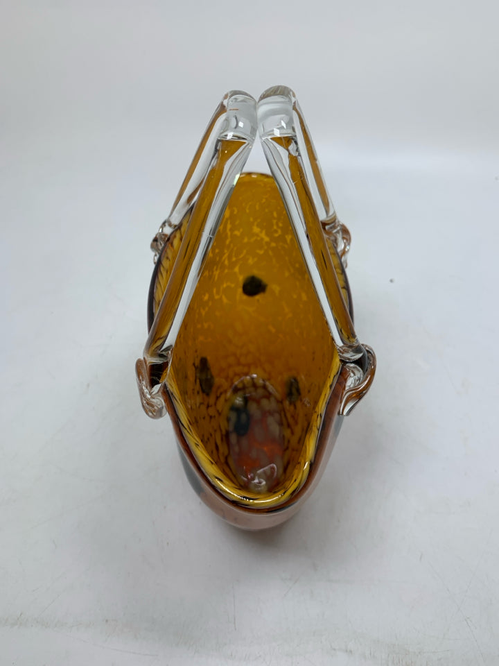 BLOWN ORANGE SPECKLED GLASS PURSE SHAPED VASE CLEAR HANDLES.