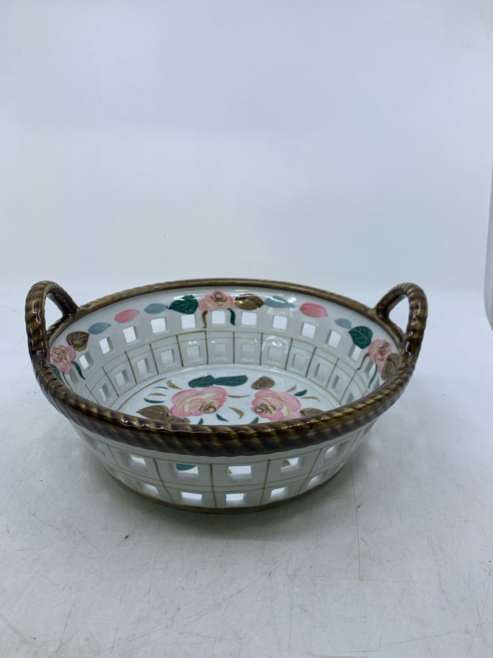 CERAMIC BASKET BOWL PINK ROSES BROWN EDGE PIERCED.
