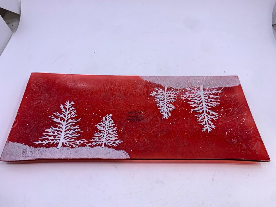 RECTANGLE RED GLASS WHITE GLITTER TREES PLATTER.