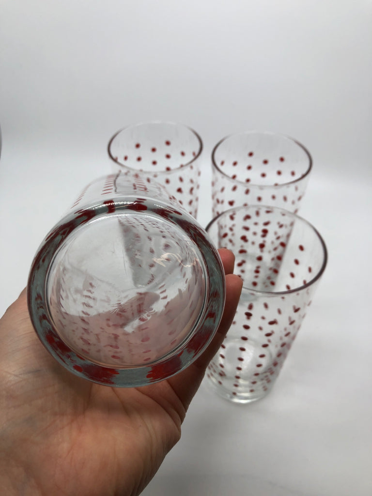 4 TALL DRINKING GLASSES RED POLKA DOTS.