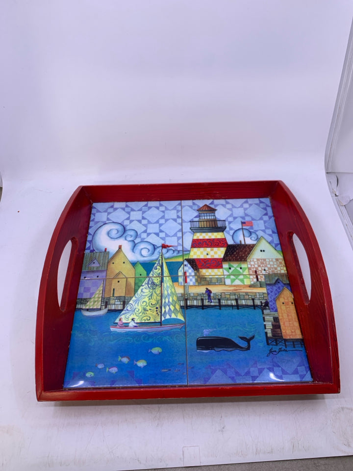 RED WOOD OUTSIDE W/ TILE BOARD WALK SCENE SAIL BOAT WHALE.