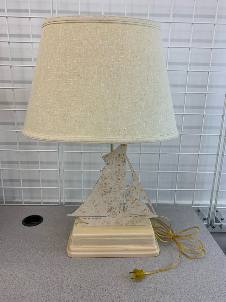 WOOD BASE METAL SHIP LAMP W/TAN SHADE.
