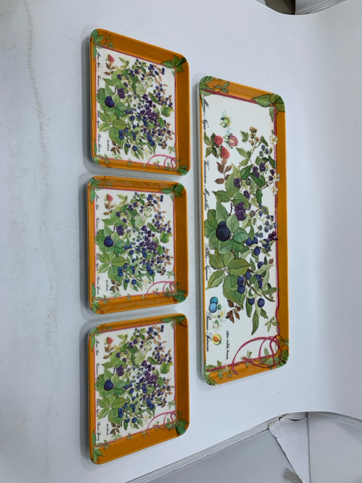 4 PC BOTANICAL BERRY THEME MELAMINE TRAY SET MICHELE TRUMEL.