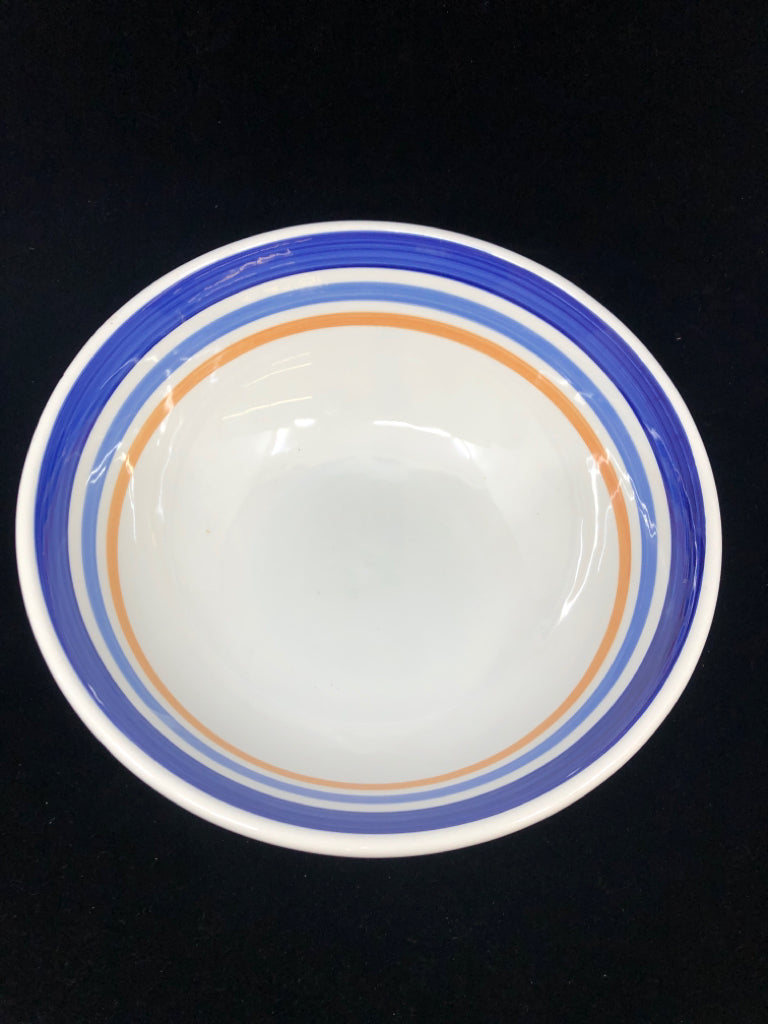 WHITE BOWL W/ BLUE & ORANGE STRIPES.