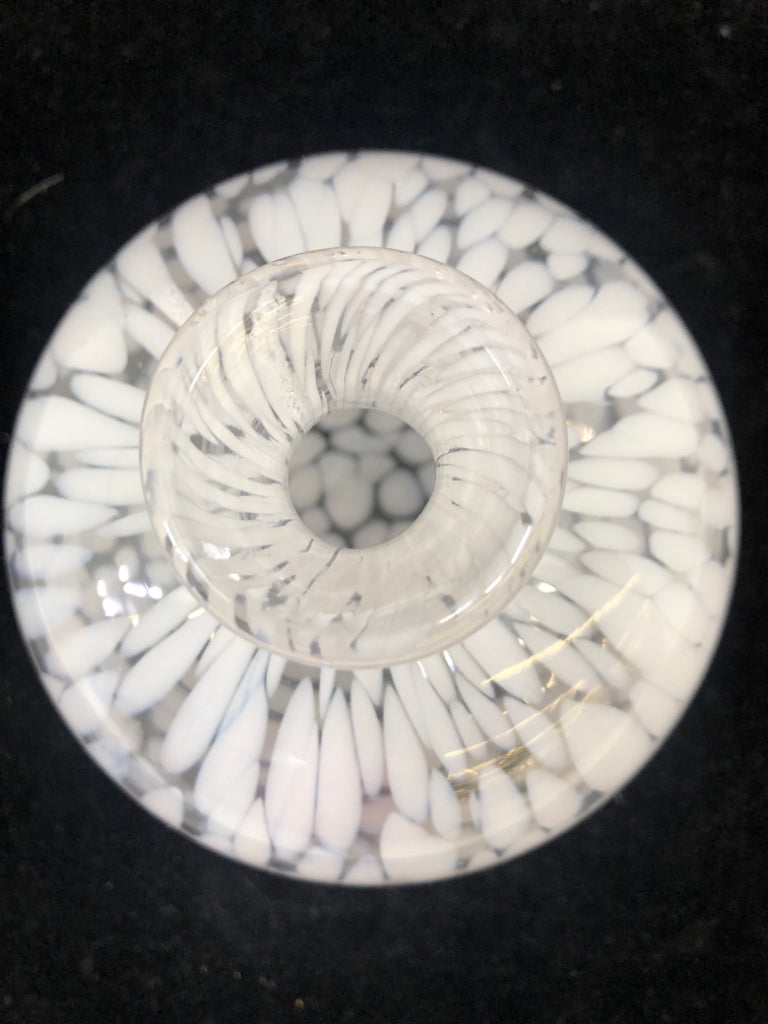 CLEAR GLASS VASE W/ WHITE SPOTS SHORT NECK.