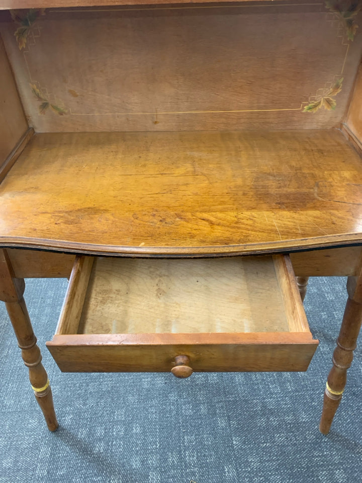VTG WOOD HUTCH TABLE/ DESK- 3 SHELVES PAINTED LEAVES DETAIL.