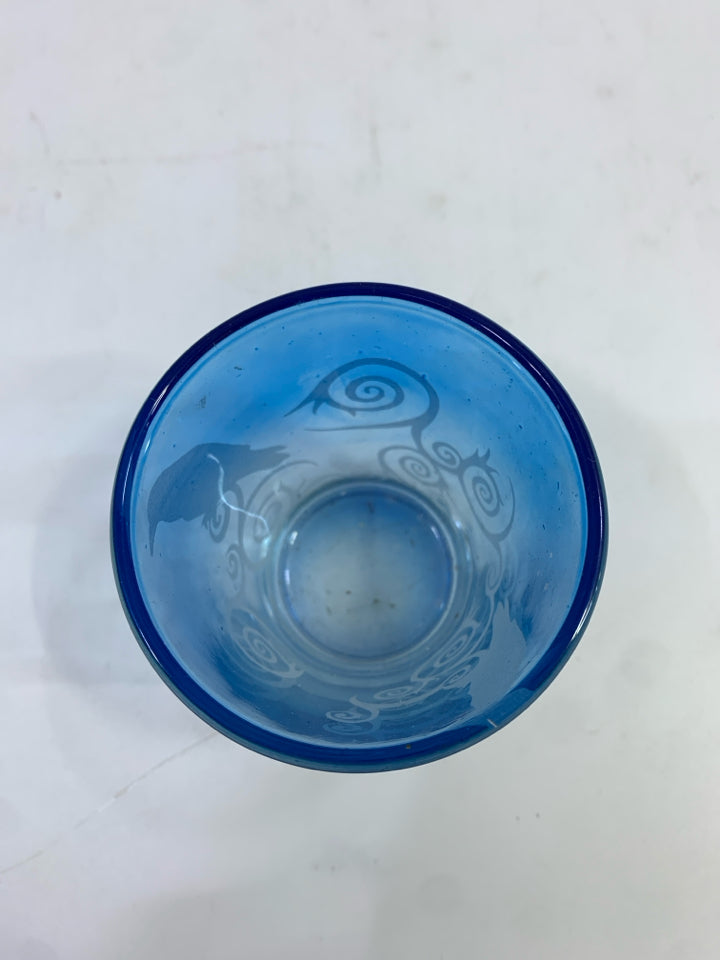 SMALL BLUE GLASS CANDLE HOLDER W/BIRD DESIGN.