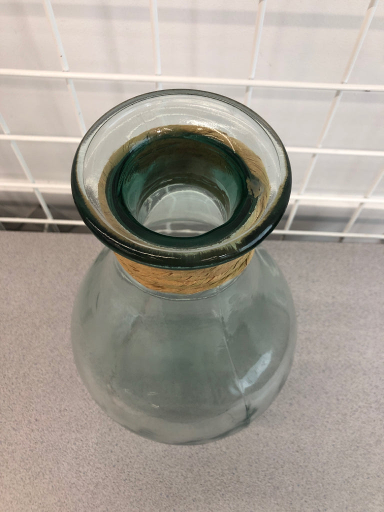 LG BLUE GLASS VASE W/WRAPPED TWINE.