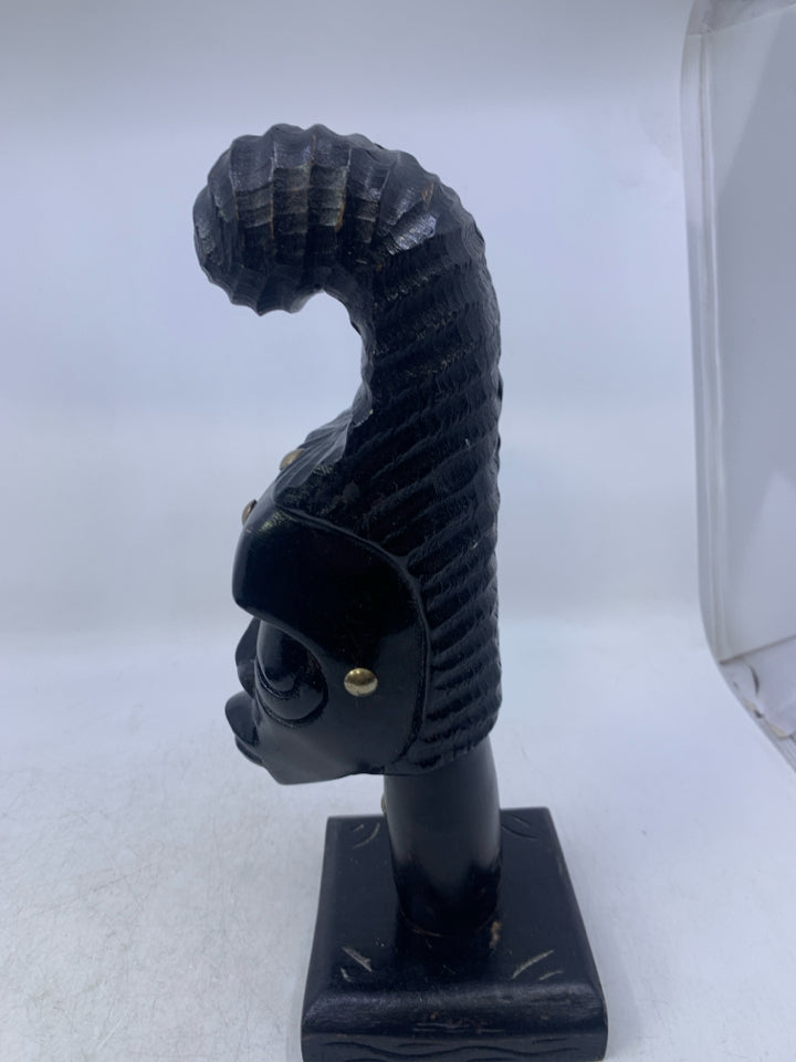 LARGE BLACK CARVED WOOD HEAD W/ METAL EARRINGS FOLK ART.