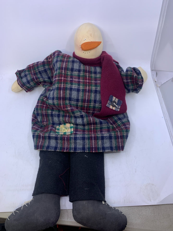 PRIMITIVE STYLE PLUSH SNOWMAN W/ PLAID LONG SHIRT MAROON SCARF.