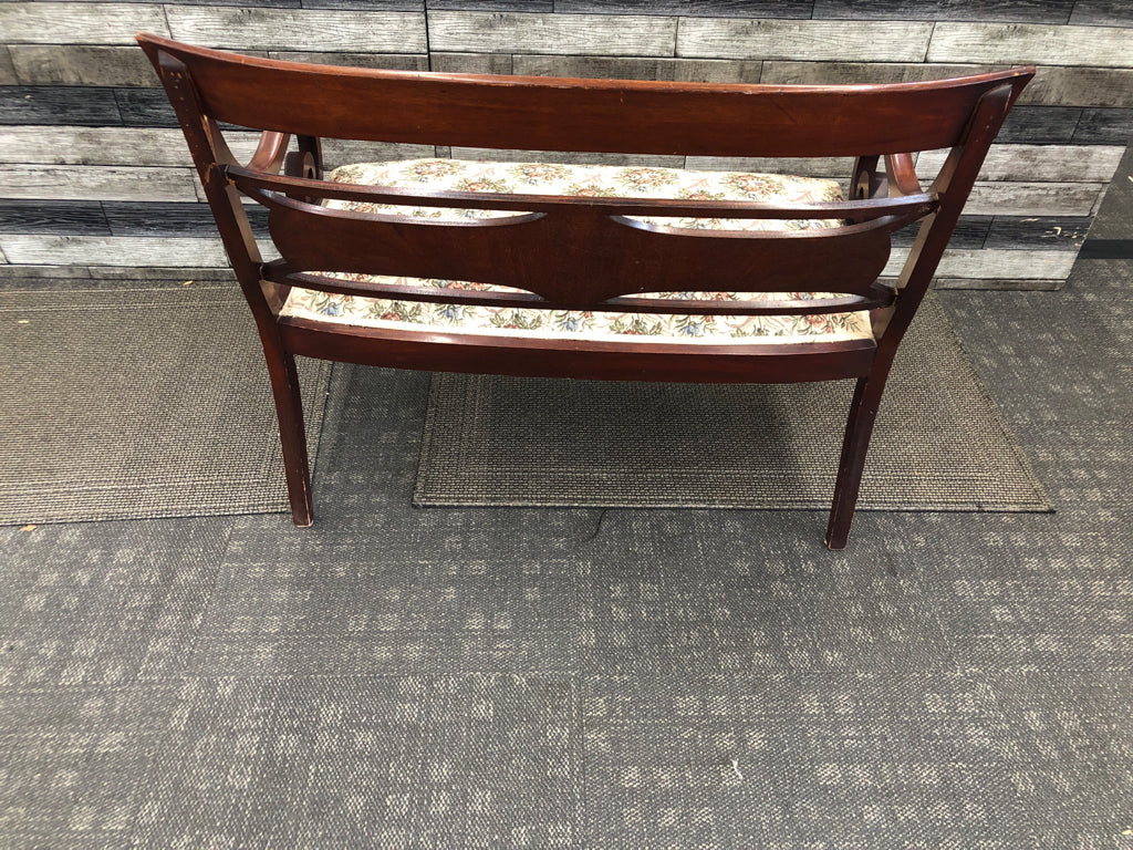 CHERRY WOOD, FLORAL CUSHION BENCH.
