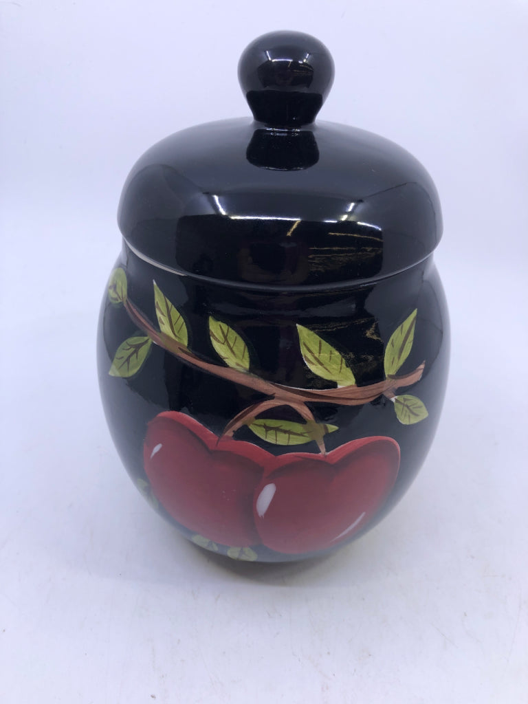 3 BLACK CANISTERS W/ PAINTED RED APPLES/BRANCHES.