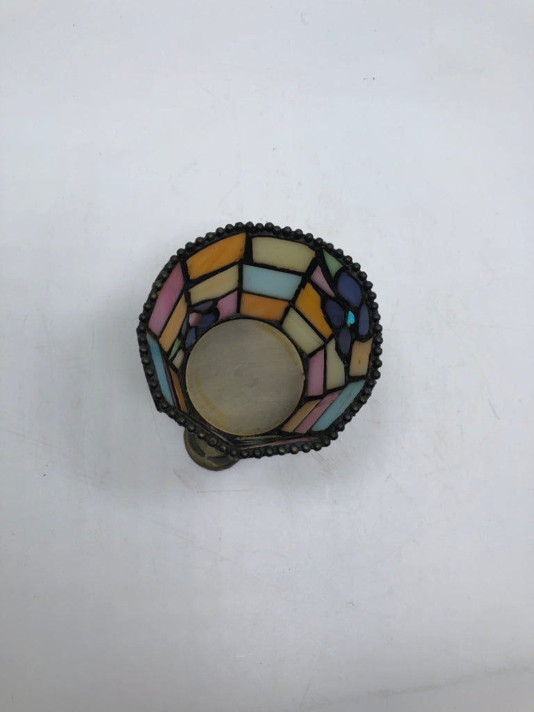 FOOTED STAINED GLASS TEA-LIGHT HOLDER.