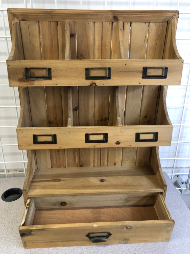 WOODEN CUBBIE W/ LABEL BORDERS & DRAWER WALL HANGING.