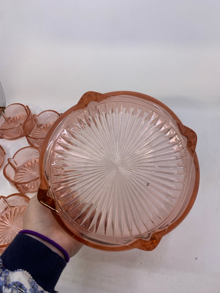VTG 7PC PINK GLASS SERVING BOWL + IND BOWLS.