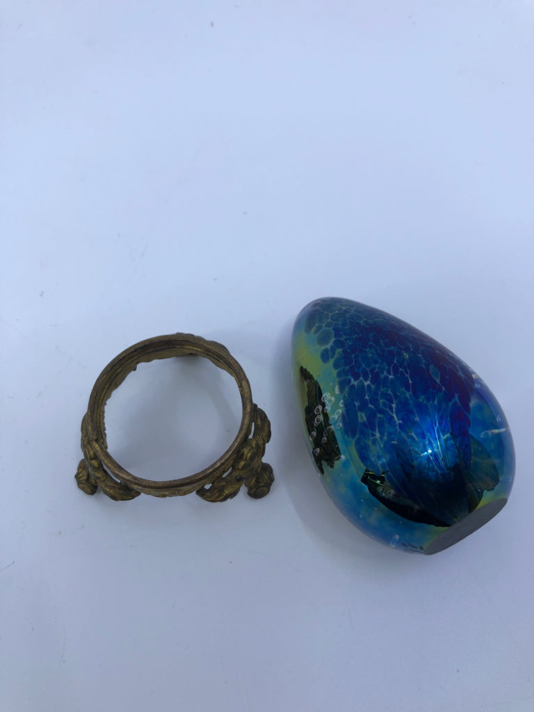 GLASS EGG WTH GOLD STAND IRIDESCENT/BLUE/GREEN.