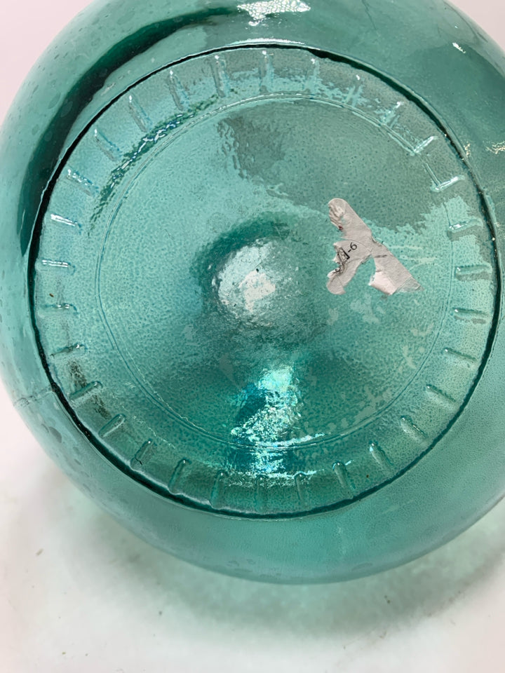 TEAL BLOWN GLASS ROUND VASE.