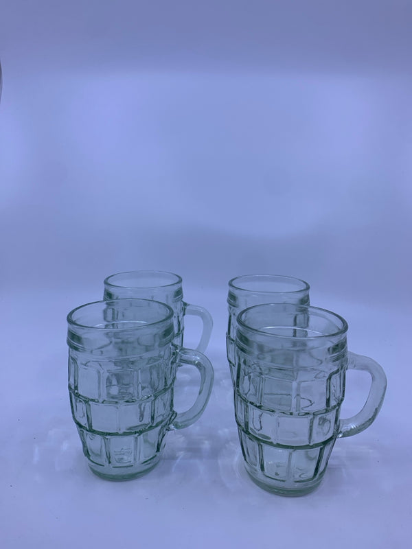 4 GLASS BARREL LOOK CUPS W/ HANDLES.