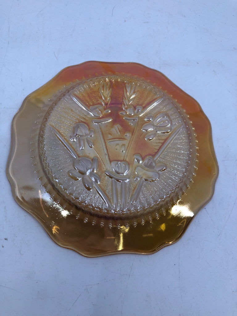 VTG CARNIVAL GLASS TEA CUP/SAUCER EMBOSSED FLOWERS.
