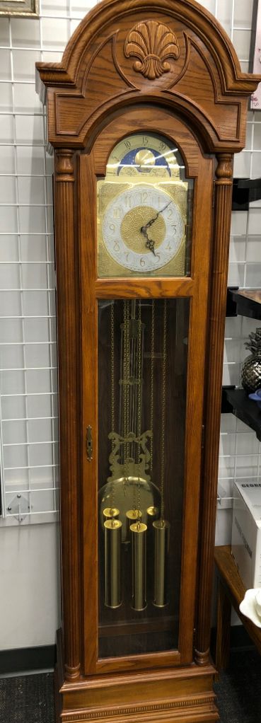 RIDGEWAY GLOBE DESIGN NARROW WOODEN GRANDFATHER CLOCK.
