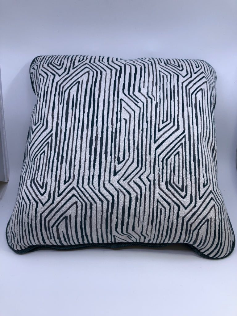 BLUE & WHITE PILLOW W/ABSTRACT LINE DESIGN.