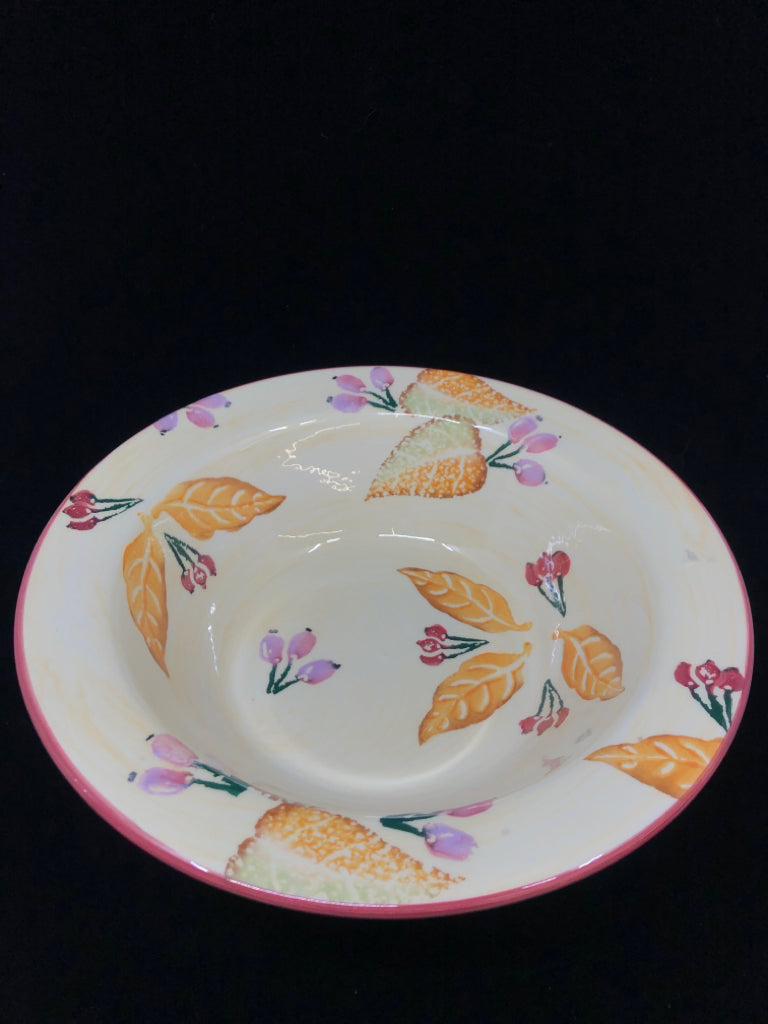 RED RIM, LEAF PAINTED SERVING BOWL.