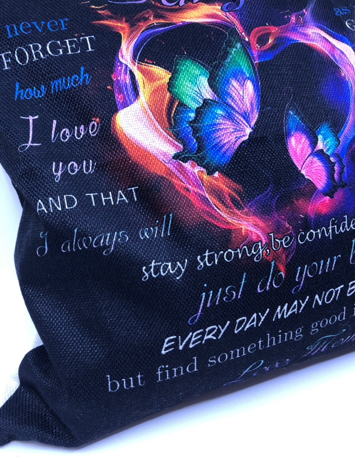 "TO MY DAUGHTER" BLACK AND BUTTERFLY THROW PILLOW.