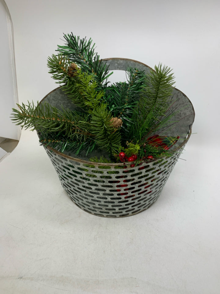 GALVANIZED SLOTTED WALL POCKET W/ WINTER BOUQUET.