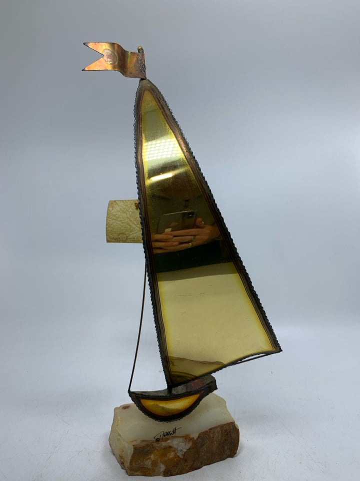 VTG BRASS SAIL BOAT ON ROCK SLAB SIGNED DEMOTT W/ TAGS.